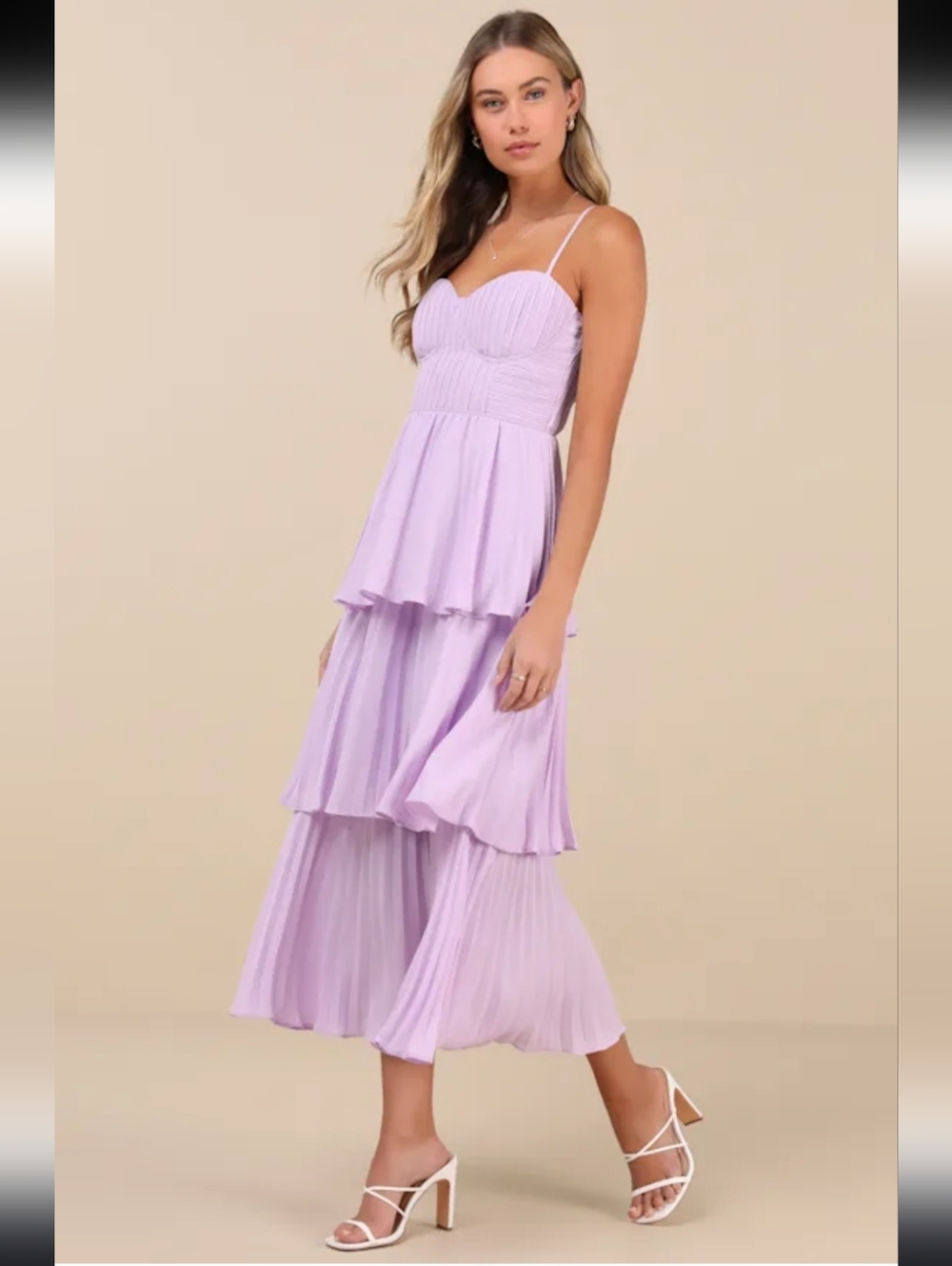 Lulu's Soft Lilac Tiered Midi Dress with Sweetheart Neckline - Picture 2 of 16